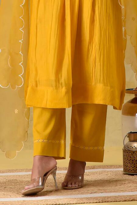 Gulabik Jaipur_Gold Chanderi, Cotton, Organza Embroidery Keyhole Neck Deep Sequence Kurta Set _Online_at_Aza_Fashions