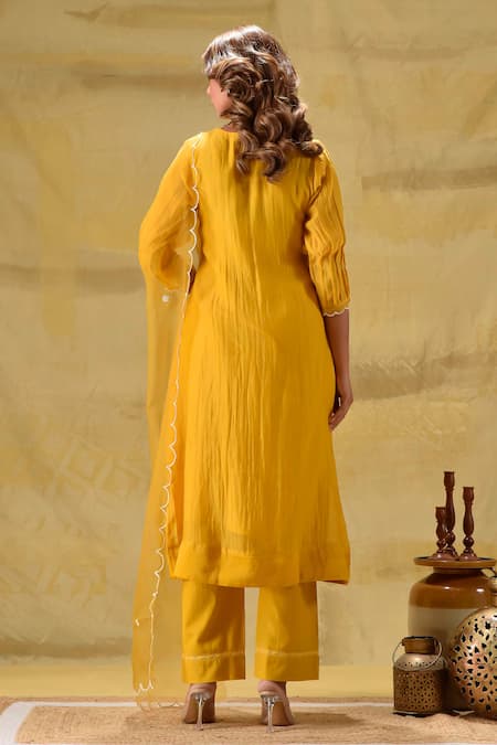 Shop_Gulabik Jaipur_Gold Chanderi, Cotton, Organza Embroidery Keyhole Neck Deep Sequence Kurta Set _at_Aza_Fashions