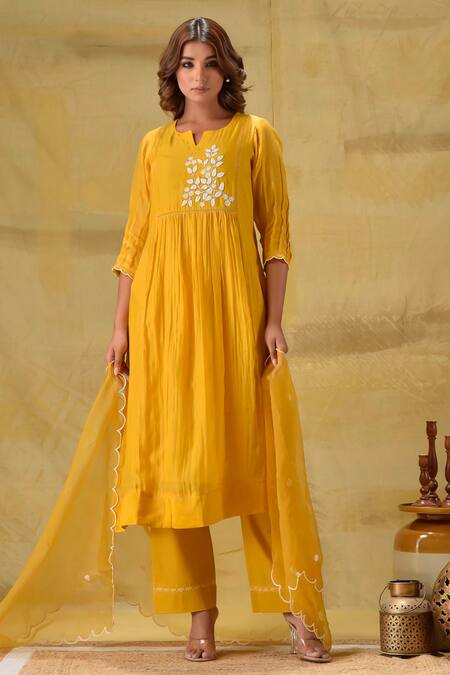 Buy_Gulabik Jaipur_Gold Chanderi, Cotton, Organza Embroidery Keyhole Neck Deep Sequence Kurta Set _Online_at_Aza_Fashions