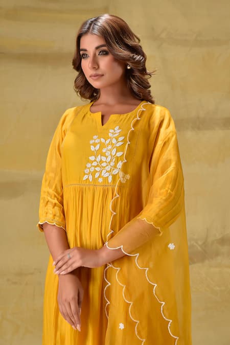 Shop_Gulabik Jaipur_Gold Chanderi, Cotton, Organza Embroidery Keyhole Neck Deep Sequence Kurta Set _Online_at_Aza_Fashions
