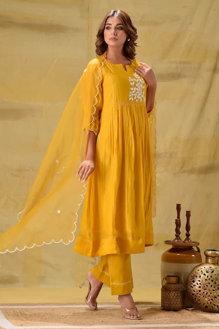 Gulabik Jaipur_Gold Chanderi, Cotton, Organza Embroidery Keyhole Neck Deep Sequence Kurta Set _at_Aza_Fashions
