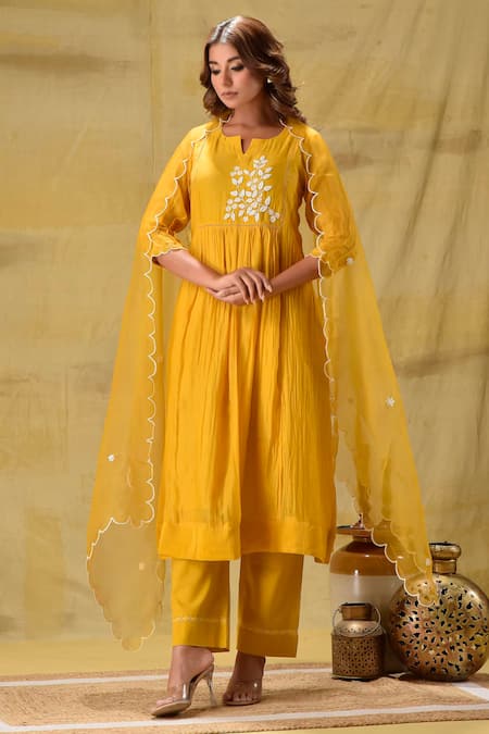 Buy_Gulabik Jaipur_Gold Chanderi, Cotton, Organza Embroidery Keyhole Neck Deep Sequence Kurta Set 