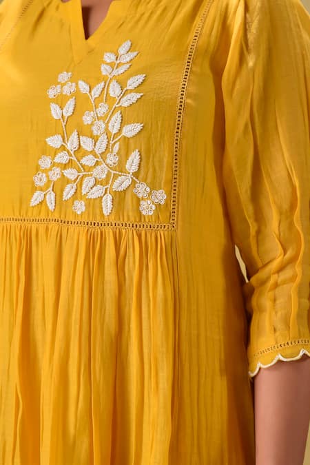 Shop_Gulabik Jaipur_Gold Chanderi, Cotton, Organza Embroidery Keyhole Neck Deep Sequence Kurta Set 