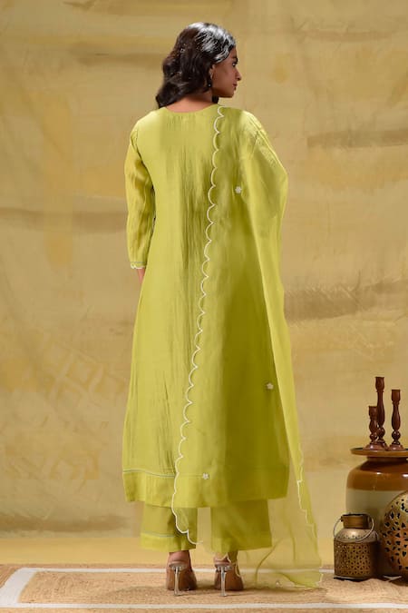Shop_Gulabik Jaipur_Green Chanderi, Organza Embroidery V-neck Lime Sequence Kurta Set _at_Aza_Fashions