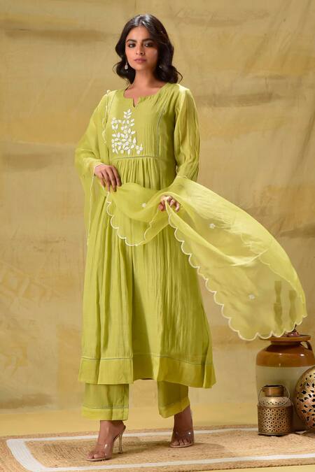Shop_Gulabik Jaipur_Green Chanderi, Organza Embroidery V-neck Lime Sequence Kurta Set _Online_at_Aza_Fashions