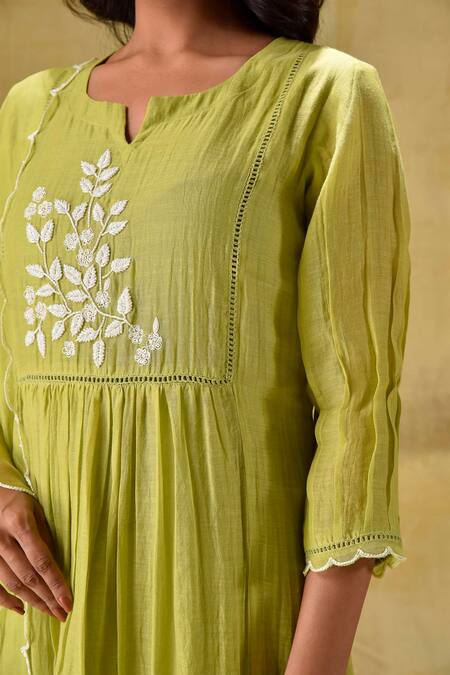 Gulabik Jaipur_Green Chanderi, Organza Embroidery V-neck Lime Sequence Kurta Set _at_Aza_Fashions