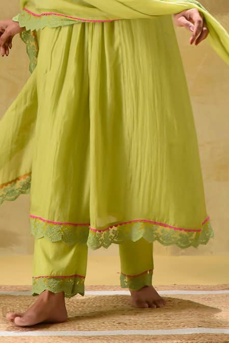 Gulabik Jaipur_Green Chanderi, Cotton Embroidery Round Neck Lime Kurta Set _Online_at_Aza_Fashions