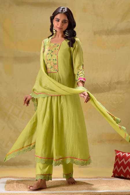 Buy_Gulabik Jaipur_Green Chanderi, Cotton Embroidery Round Neck Lime Kurta Set _Online_at_Aza_Fashions