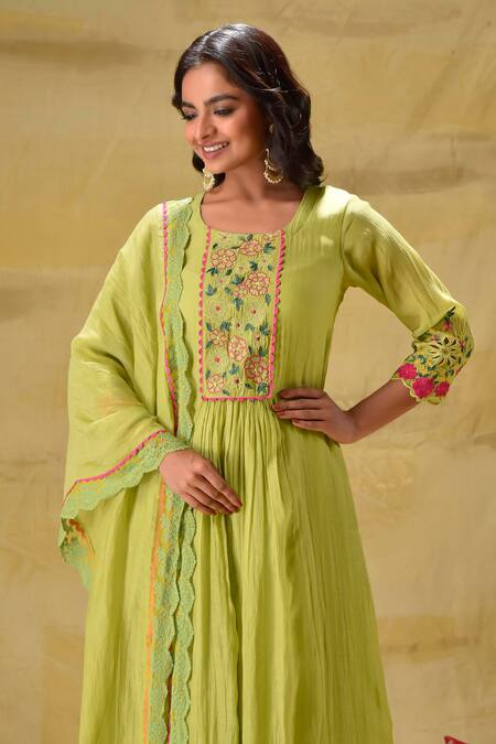 Shop_Gulabik Jaipur_Green Chanderi, Cotton Embroidery Round Neck Lime Kurta Set _Online_at_Aza_Fashions