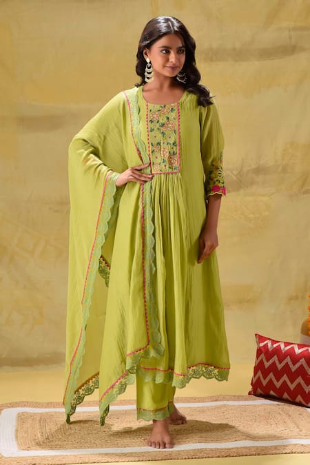 Gulabik Jaipur_Green Chanderi, Cotton Embroidery Round Neck Lime Kurta Set _at_Aza_Fashions