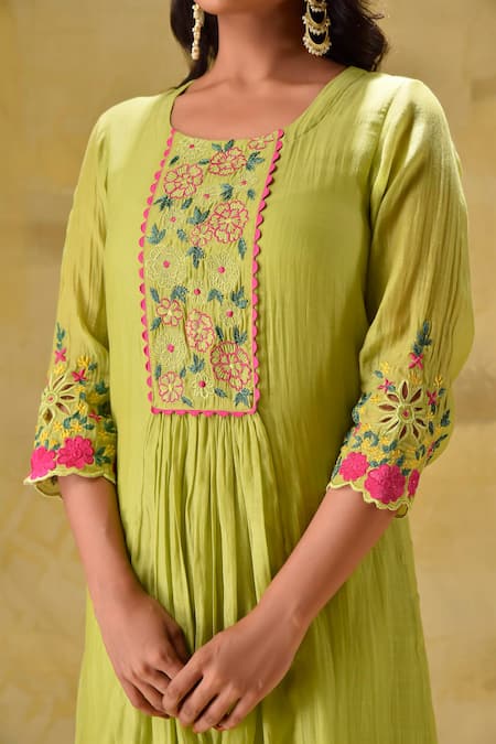 Buy_Gulabik Jaipur_Green Chanderi, Cotton Embroidery Round Neck Lime Kurta Set 