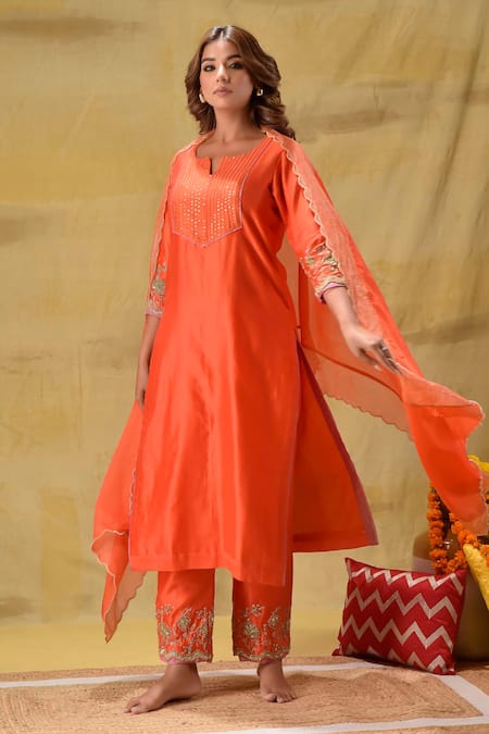 Gulabik Jaipur_Orange Chanderi, Organza Sequins, Embroidery, Zari Split Burnt Kurta Set_Online_at_Aza_Fashions
