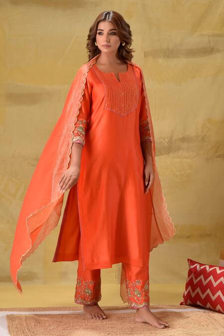 Buy_Gulabik Jaipur_Orange Chanderi, Organza Sequins, Embroidery, Zari Split Burnt Kurta Set_Online_at_Aza_Fashions