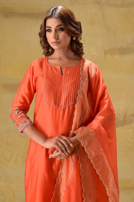 Shop_Gulabik Jaipur_Orange Chanderi, Organza Sequins, Embroidery, Zari Split Burnt Kurta Set_Online_at_Aza_Fashions