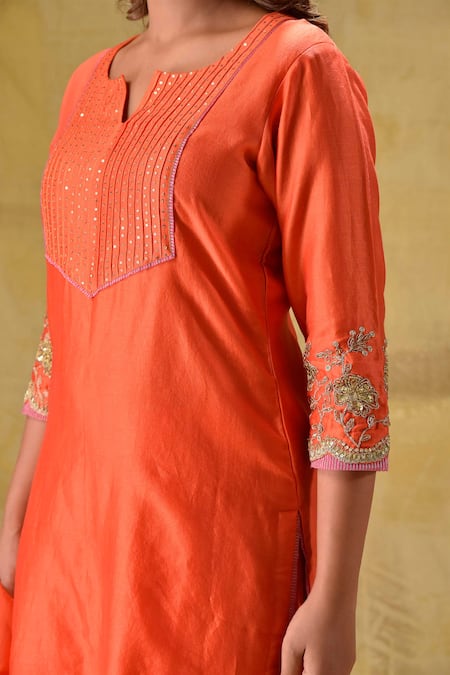 Gulabik Jaipur_Orange Chanderi, Organza Sequins, Embroidery, Zari Split Burnt Kurta Set_at_Aza_Fashions