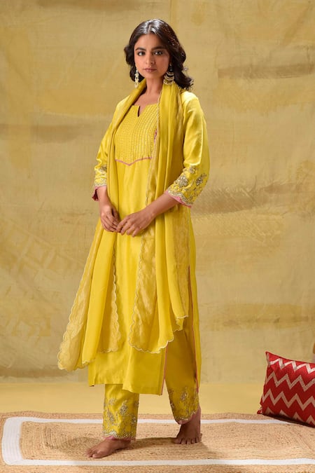 Shop_Gulabik Jaipur_Yellow Chanderi Embroidery V-neck Handloom Kurta Set _Online_at_Aza_Fashions