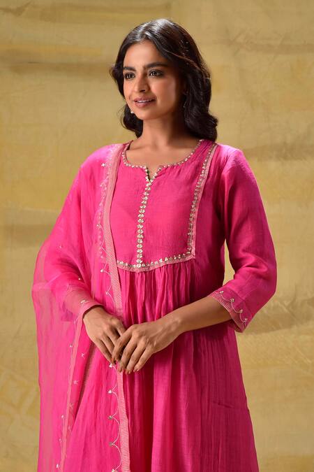 Gulabik Jaipur_Pink Chanderi, Tissue, Organza Embroidery Round Neck Hot Hand Kurta Set _Online_at_Aza_Fashions