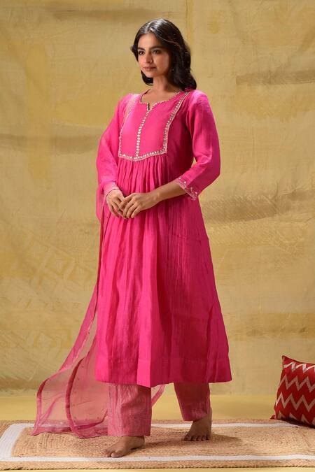 Buy_Gulabik Jaipur_Pink Chanderi, Tissue, Organza Embroidery Round Neck Hot Hand Kurta Set _Online_at_Aza_Fashions