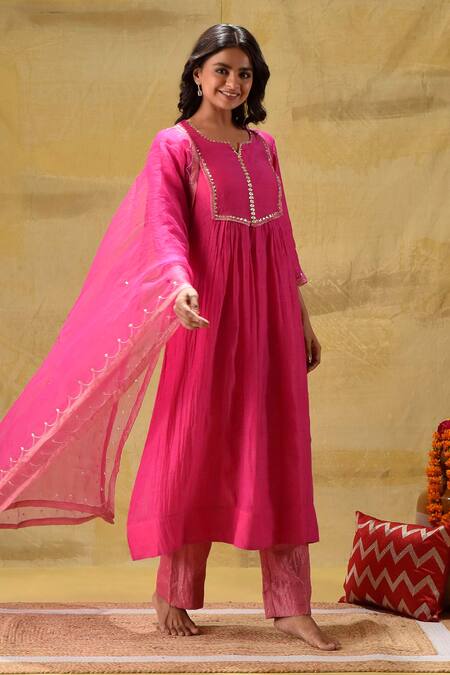 Shop_Gulabik Jaipur_Pink Chanderi, Tissue, Organza Embroidery Round Neck Hot Hand Kurta Set _Online_at_Aza_Fashions