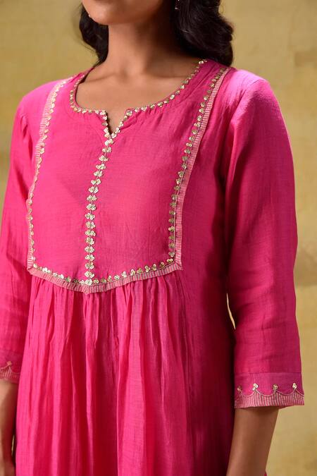 Buy_Gulabik Jaipur_Pink Chanderi, Tissue, Organza Embroidery Round Neck Hot Hand Kurta Set 