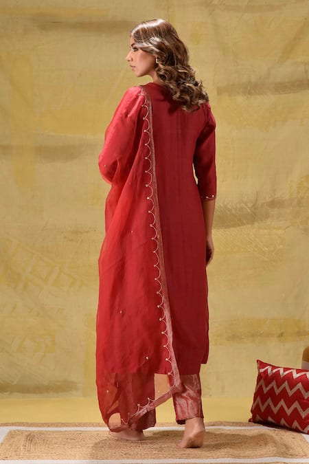Shop_Gulabik Jaipur_Red Handloom Cotton, Tissue, Organza Embroidery Round Neck Deep Hand Kurta Set _at_Aza_Fashions