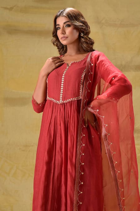 Buy_Gulabik Jaipur_Red Handloom Cotton, Tissue, Organza Embroidery Round Neck Deep Hand Kurta Set _Online_at_Aza_Fashions