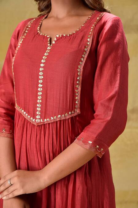Buy_Gulabik Jaipur_Red Handloom Cotton, Tissue, Organza Embroidery Round Neck Deep Hand Kurta Set 