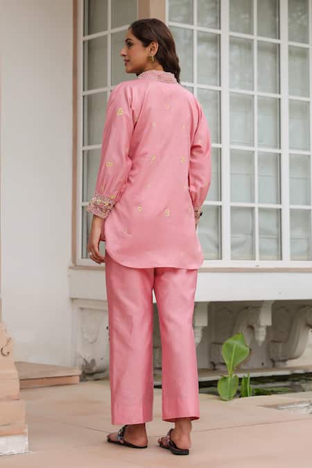 Shop_Label Niti Bothra_Pink Silk, Tencel Embroidery, Beads Collared Floral Pant Set _at_Aza_Fashions