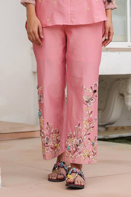Label Niti Bothra Pink Silk, Tencel Embroidery, Beads Collared Floral Pant Set Online at Aza Fashions Label Niti Bothra_Pink Silk, Tencel Embroidery, Beads Collared Floral Pant Set _Online_at_Aza_Fashions