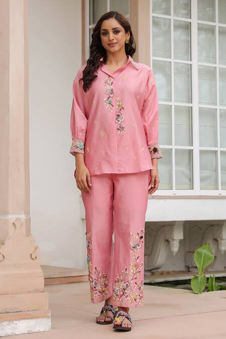 Buy_Label Niti Bothra_Pink Silk, Tencel Embroidery, Beads Collared Floral Pant Set _Online_at_Aza_Fashions