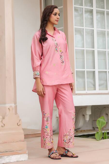 Label Niti Bothra_Pink Silk, Tencel Embroidery, Beads Collared Floral Pant Set _at_Aza_Fashions