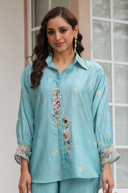 Label Niti Bothra Blue Silk, Tencel Embroidery, Beads Collared Floral Co-ord Set Online at Aza Fashions Label Niti Bothra_Blue Silk, Tencel Embroidery, Beads Collared Floral Co-ord Set _Online_at_Aza_Fashions