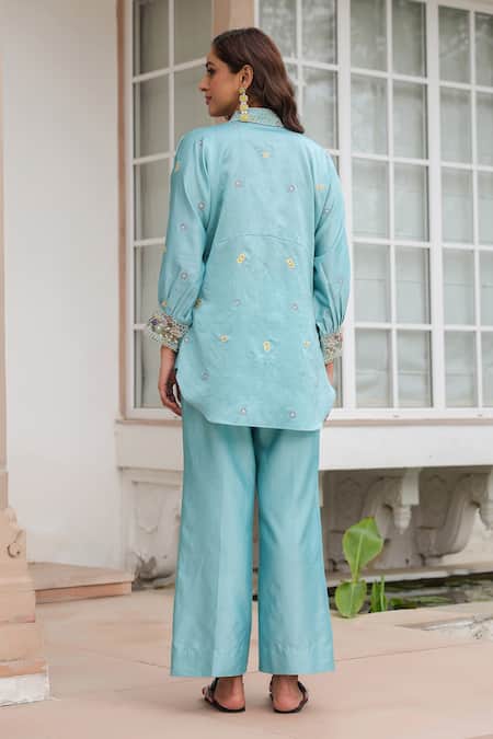 Shop_Label Niti Bothra_Blue Silk, Tencel Embroidery, Beads Collared Floral Co-ord Set _at_Aza_Fashions