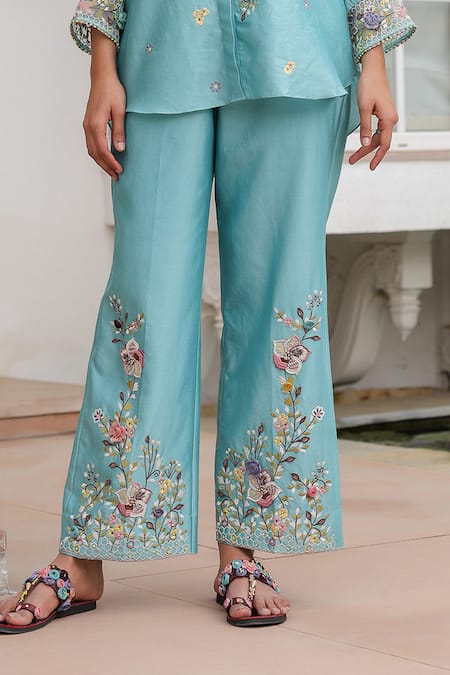 Buy Label Niti Bothra Blue Silk, Tencel Embroidery, Beads Collared Floral Co-ord Set Online at Aza Fashions Buy_Label Niti Bothra_Blue Silk, Tencel Embroidery, Beads Collared Floral Co-ord Set _Online_at_Aza_Fashions