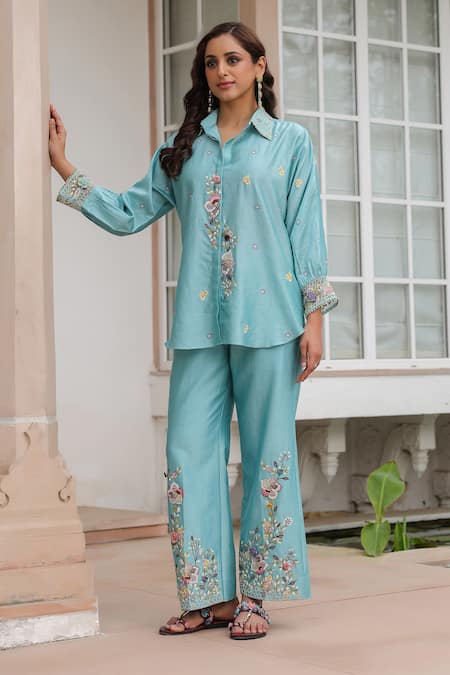 Shop_Label Niti Bothra_Blue Silk, Tencel Embroidery, Beads Collared Floral Co-ord Set _Online_at_Aza_Fashions