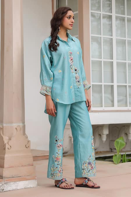 Label Niti Bothra_Blue Silk, Tencel Embroidery, Beads Collared Floral Co-ord Set _at_Aza_Fashions