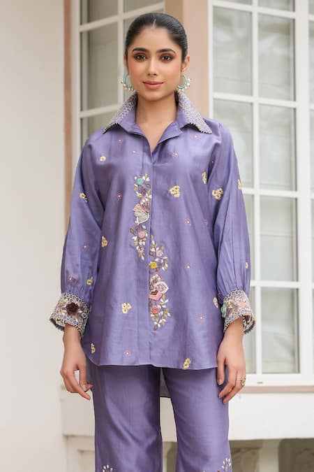 Label Niti Bothra Purple Silk, Tencel Embroidery, Beads Collared Floral Co-ord Pant Set Online at Aza Fashions Label Niti Bothra_Purple Silk, Tencel Embroidery, Beads Collared Floral Co-ord Pant Set _Online_at_Aza_Fashions