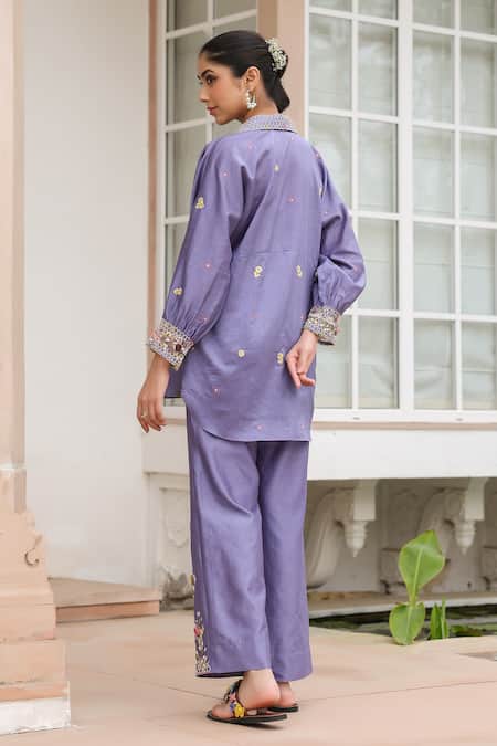 Shop_Label Niti Bothra_Purple Silk, Tencel Embroidery, Beads Collared Floral Co-ord Pant Set _at_Aza_Fashions