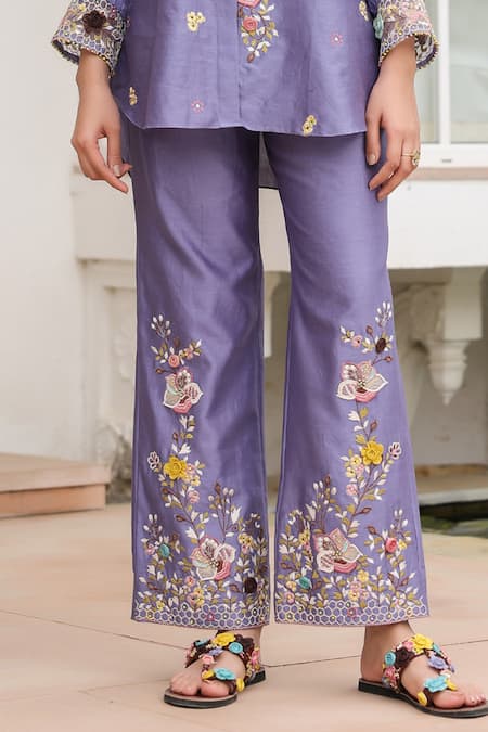 Buy Label Niti Bothra Purple Silk, Tencel Embroidery, Beads Collared Floral Co-ord Pant Set Online at Aza Fashions Buy_Label Niti Bothra_Purple Silk, Tencel Embroidery, Beads Collared Floral Co-ord Pant Set _Online_at_Aza_Fashions