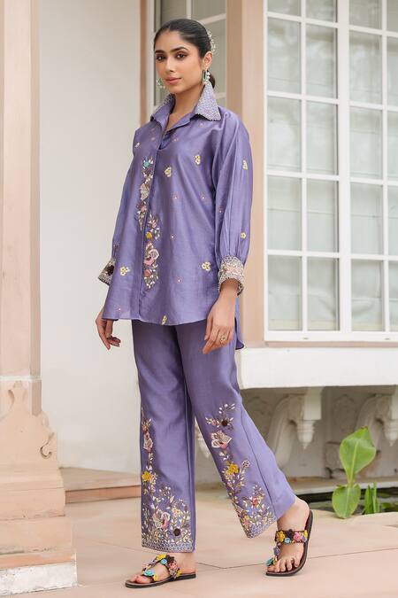Shop_Label Niti Bothra_Purple Silk, Tencel Embroidery, Beads Collared Floral Co-ord Pant Set _Online_at_Aza_Fashions