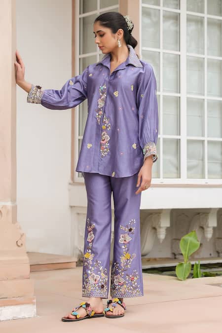 Label Niti Bothra_Purple Silk, Tencel Embroidery, Beads Collared Floral Co-ord Pant Set _at_Aza_Fashions