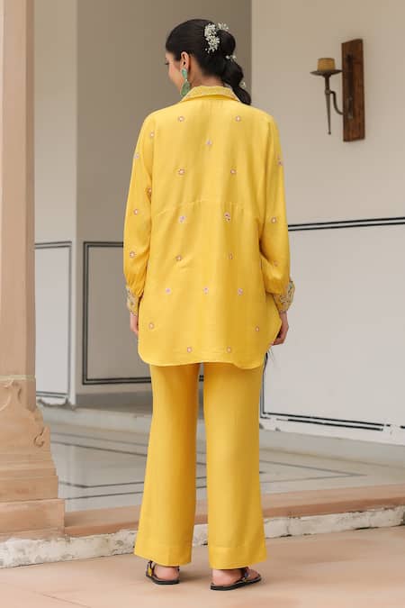 Shop_Label Niti Bothra_Yellow Silk, Tencel Embroidery, Beads Collared Floral Pant Set _at_Aza_Fashions