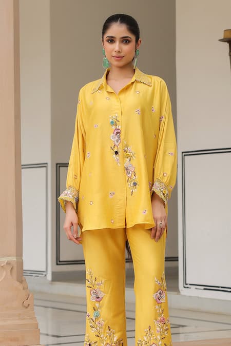 Label Niti Bothra Yellow Silk, Tencel Embroidery, Beads Collared Floral Pant Set Online at Aza Fashions Label Niti Bothra_Yellow Silk, Tencel Embroidery, Beads Collared Floral Pant Set _Online_at_Aza_Fashions