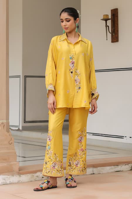 Buy_Label Niti Bothra_Yellow Silk, Tencel Embroidery, Beads Collared Floral Pant Set _Online_at_Aza_Fashions