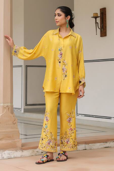 Shop_Label Niti Bothra_Yellow Silk, Tencel Embroidery, Beads Collared Floral Pant Set _Online_at_Aza_Fashions