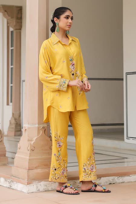 Label Niti Bothra_Yellow Silk, Tencel Embroidery, Beads Collared Floral Pant Set _at_Aza_Fashions