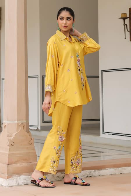 Buy_Label Niti Bothra_Yellow Silk, Tencel Embroidery, Beads Collared Floral Pant Set 