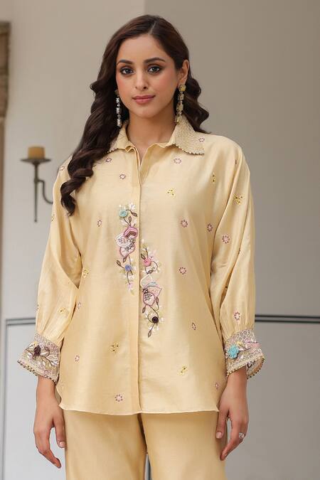 Label Niti Bothra Ivory Silk, Tencel Embroidery, Beads Collared Floral Pant Set Online at Aza Fashions Label Niti Bothra_Ivory Silk, Tencel Embroidery, Beads Collared Floral Pant Set _Online_at_Aza_Fashions