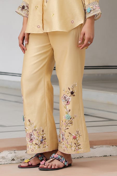 Buy Label Niti Bothra Ivory Silk, Tencel Embroidery, Beads Collared Floral Pant Set Online at Aza Fashions Buy_Label Niti Bothra_Ivory Silk, Tencel Embroidery, Beads Collared Floral Pant Set _Online_at_Aza_Fashions