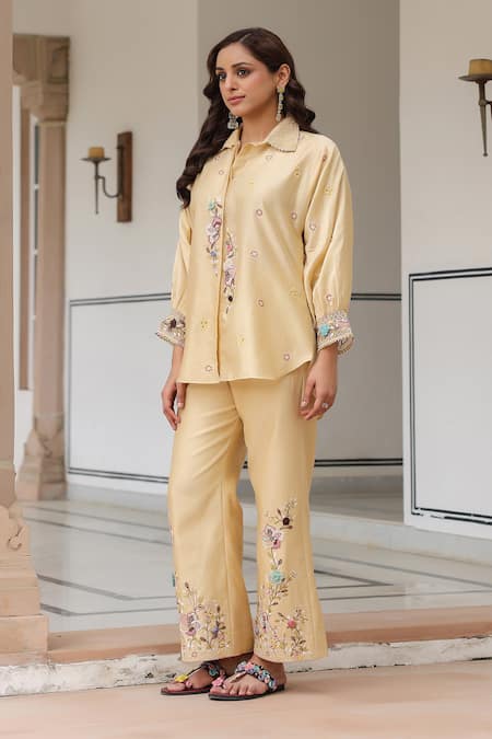 Shop_Label Niti Bothra_Ivory Silk, Tencel Embroidery, Beads Collared Floral Pant Set _Online_at_Aza_Fashions